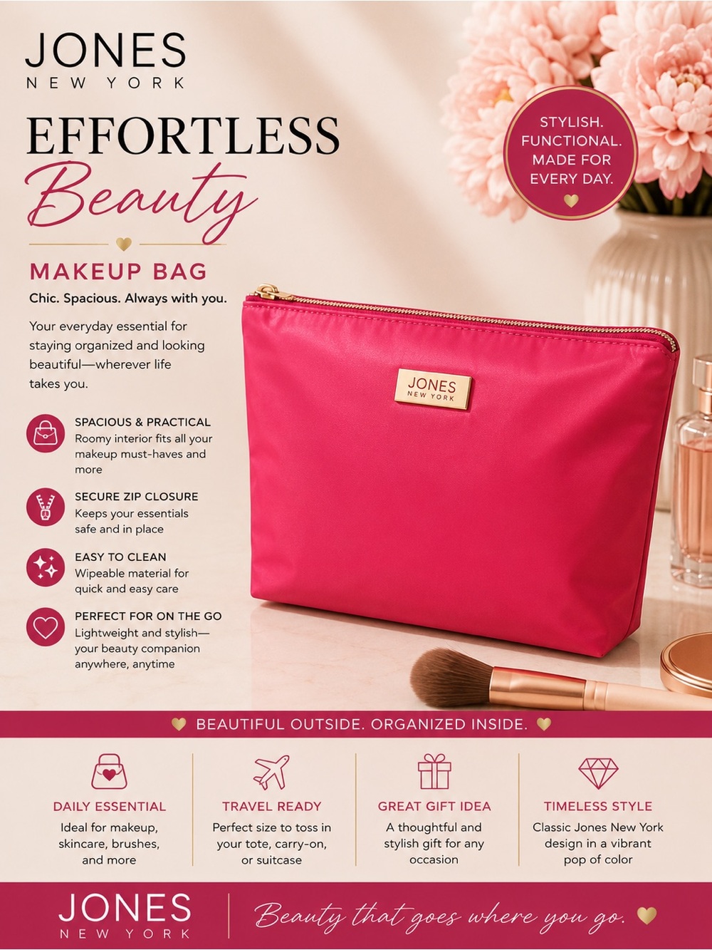 Jones New York Hot Pink Cosmetic Pouch with Gold Plaque